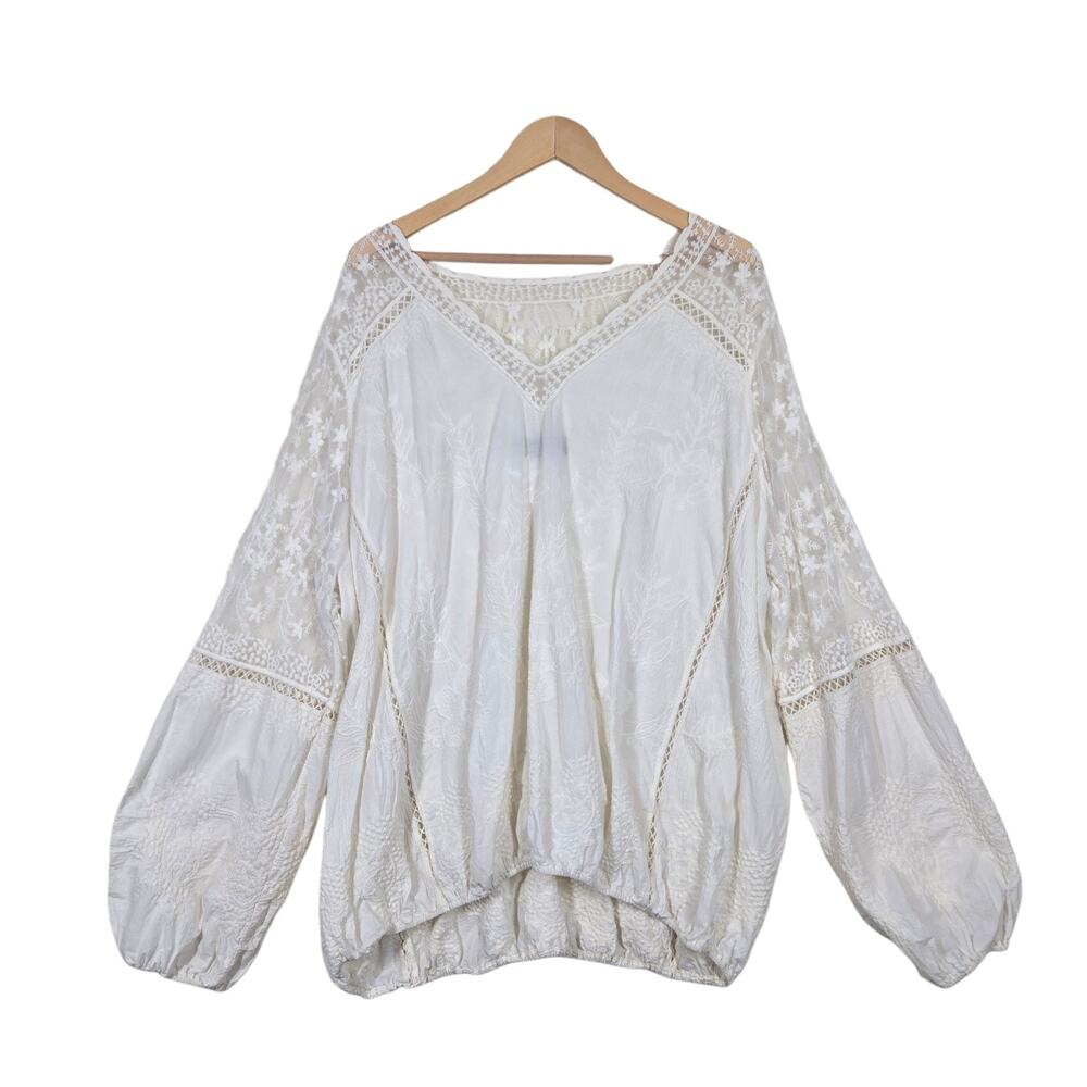 Lane Bryant Top Cream Natural Mixed Media Peasant Romantic Lace Boho Fairy